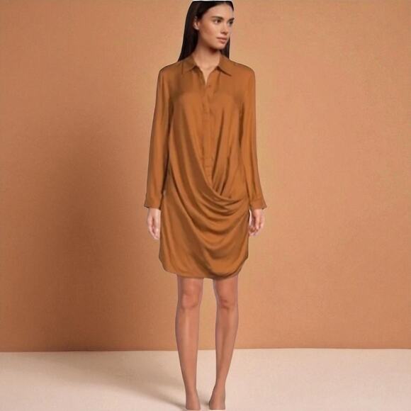 Gianni Bini Long Sleeve Dress Draped Button Down Large Brown New - Picture 1 of 10